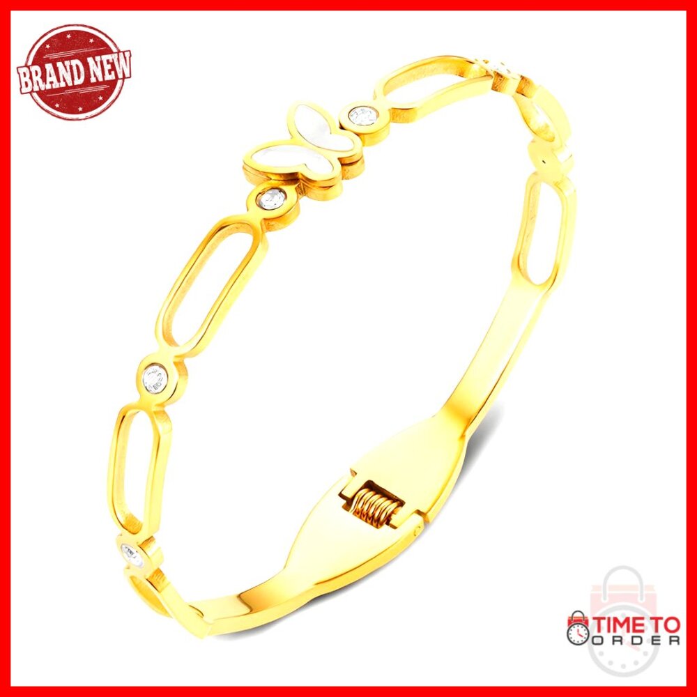 Dainty Bangle Bracelet 18k Gold Enamel Crystal Accents Hypoallergenic Waterproof